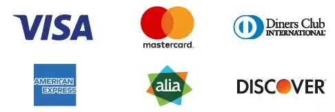 Visa, Mastercard, Diners Club, American Express, Alia, Discover